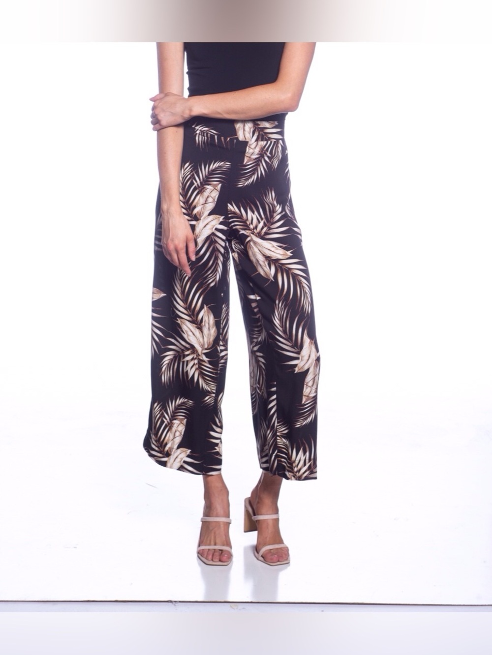 DKR Apparel Cropped Wide Leg Pant-Black Palm Print